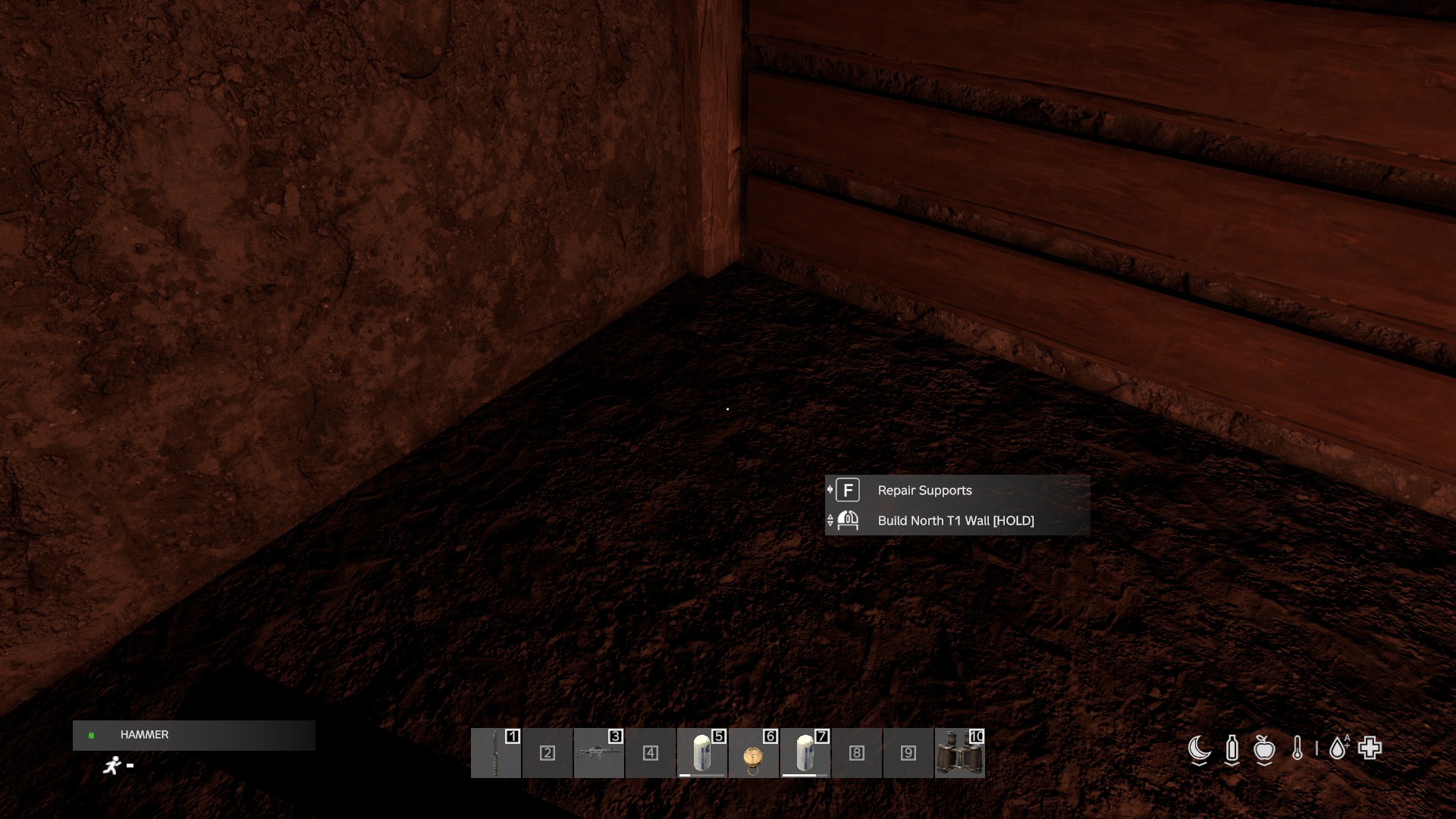 The scroll-wheel list when looking at the floor — "Build North T1 Wall".