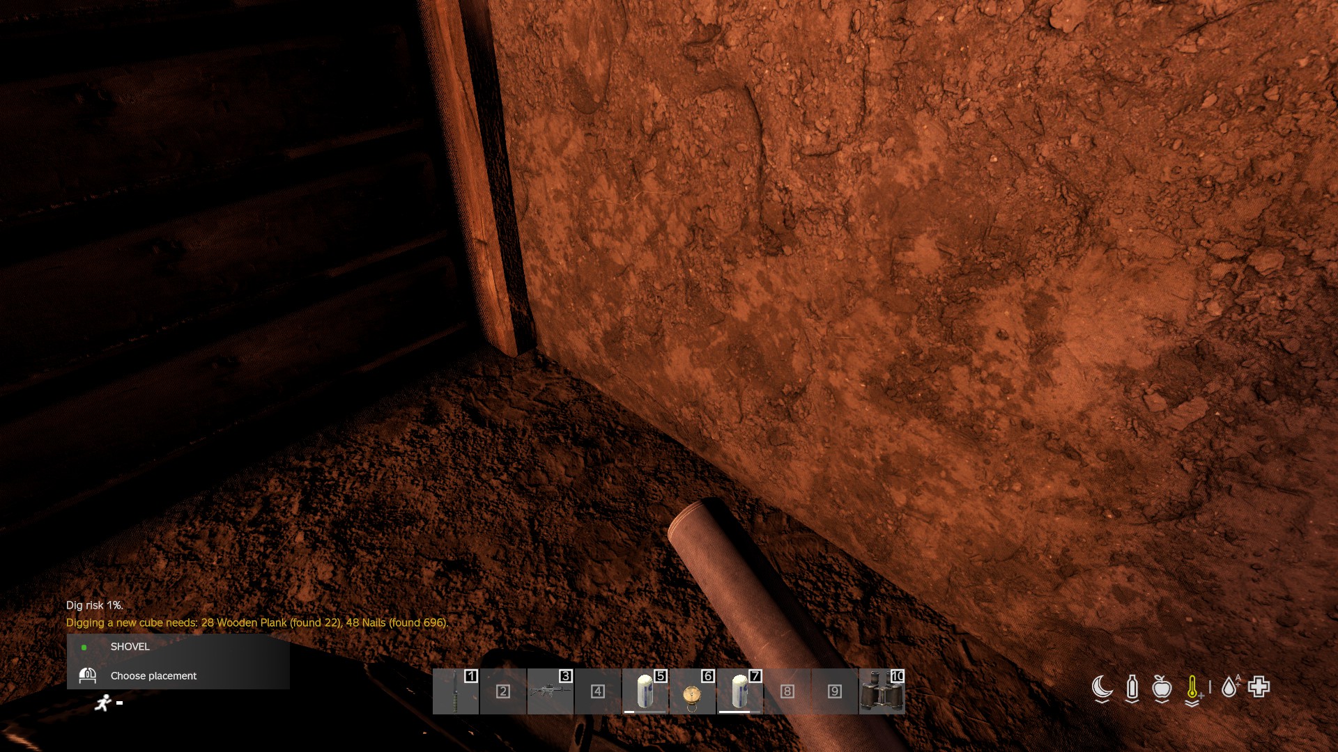 A dig showing its risk and the missing-materials message when you're short.