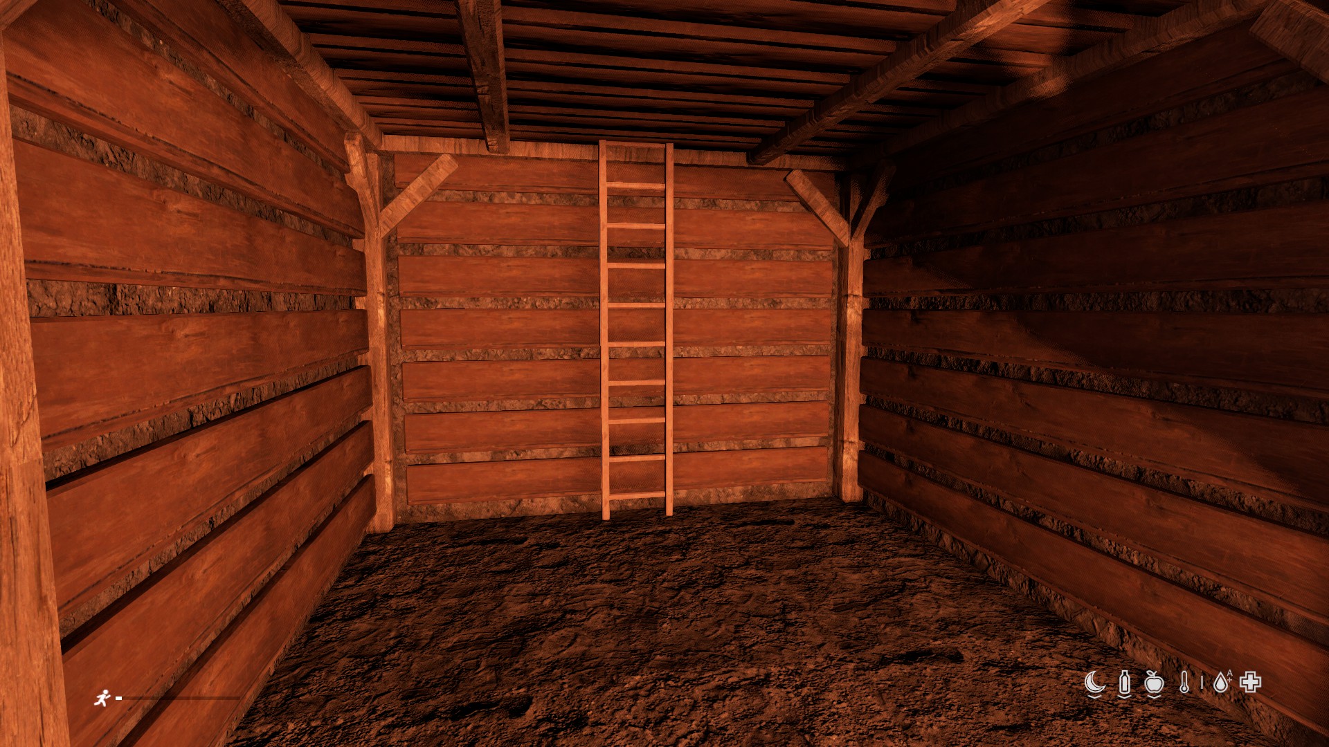 A fresh Tier 1 cube from the inside — timber walls and the entrance ladder.
