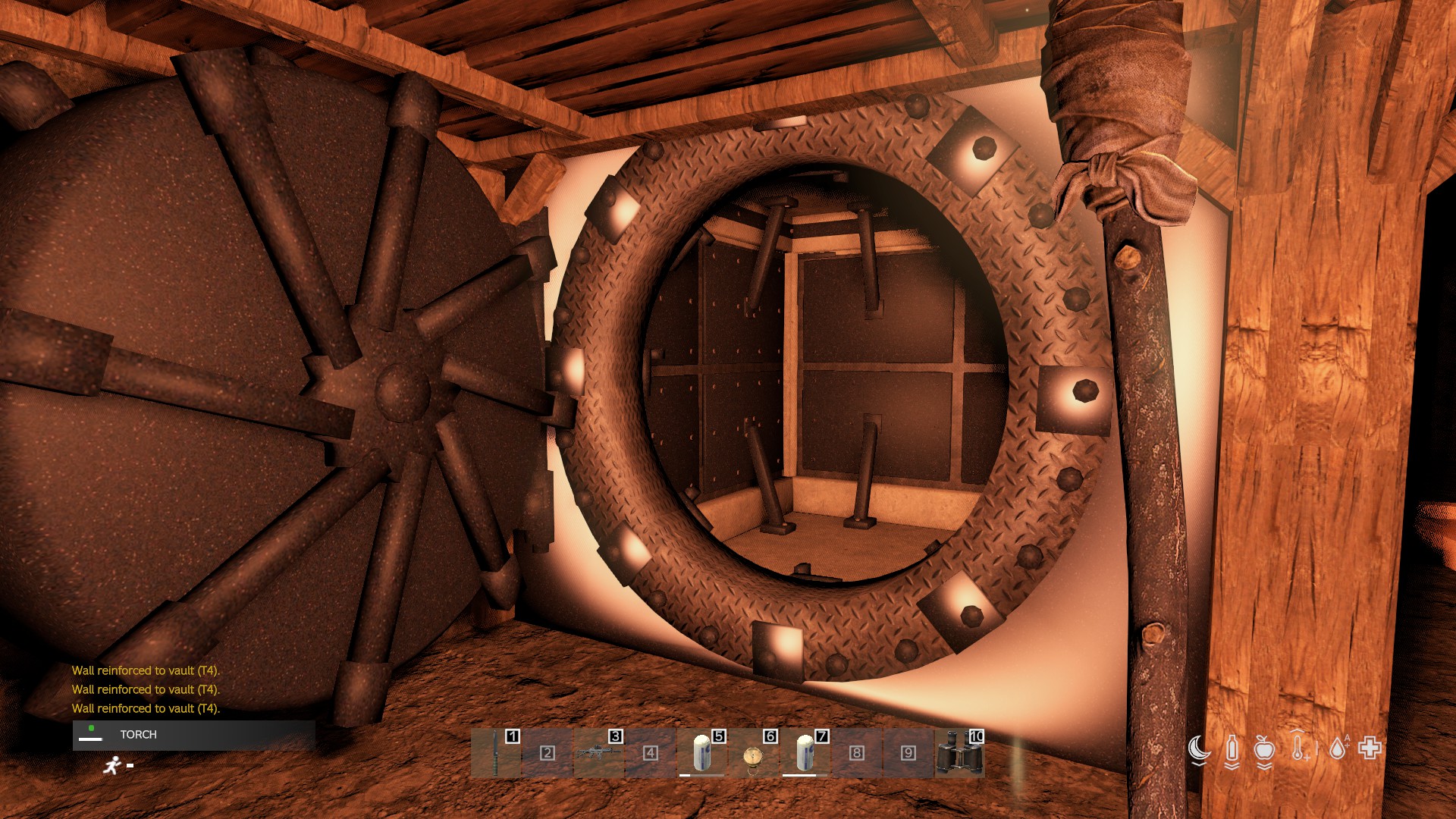 A Tier 4 vault door standing open — the wall reinforced to vault (T4).
