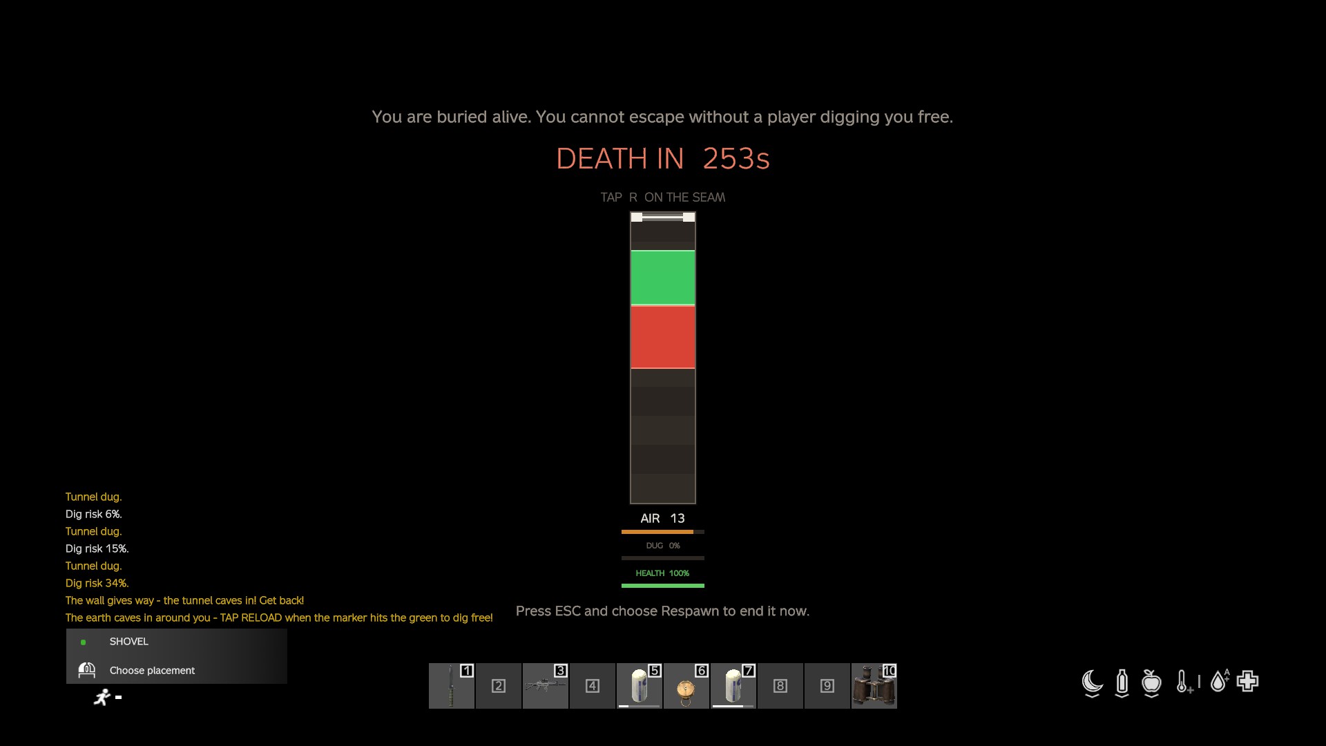 The buried-alive HUD — the heave gauge with AIR, DUG and HEALTH bars and a DEATH IN countdown.