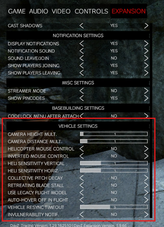 The Expansion helicopter settings menu